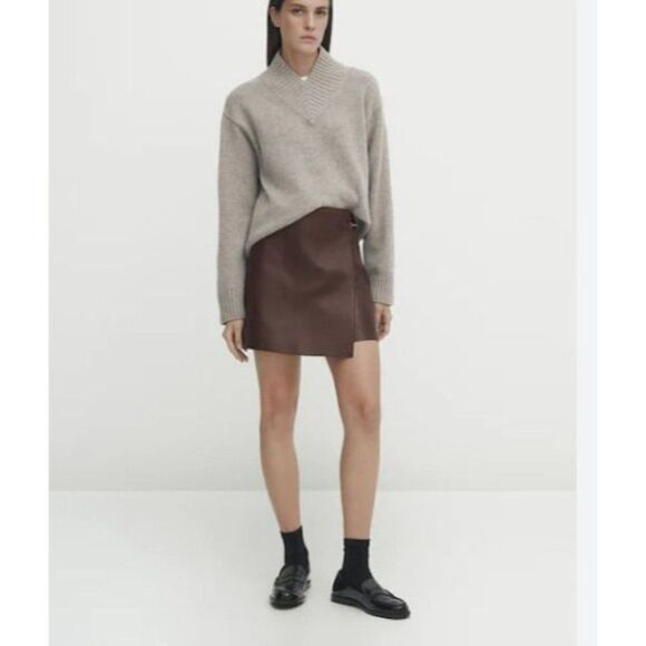 Massimo Dutti Womens Mini Skort Skirt Nappa Leather S Brown 5308/797 NWT - Picture 2 of 11